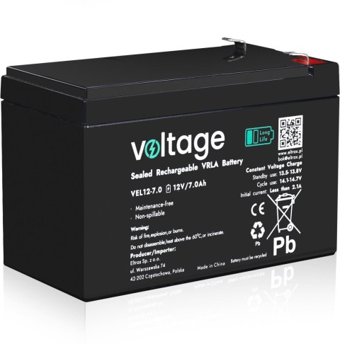 Akumulator AGM Voltage Long Life 12V 7Ah VEL12-7.0 (Żywotność 15 lat)