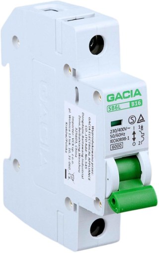Wyłącznik nadmiarowoprądowy,6kA,B,1-pole,16A GACIA SB6L B 1P 16A