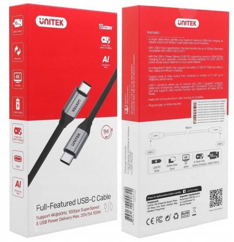 Kabel USB Unitek USB-C na USB-C 10Gbps 4K 60Hz 20V/5A | Przewód USB,