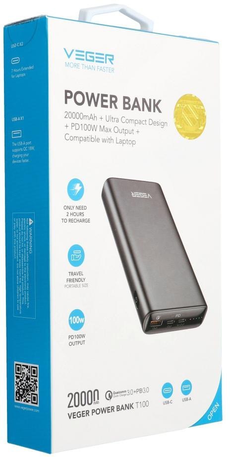 Powerbank Veger 20000 mAh 100 W PD QC 3.0 USB-A 2x USB-C czarny