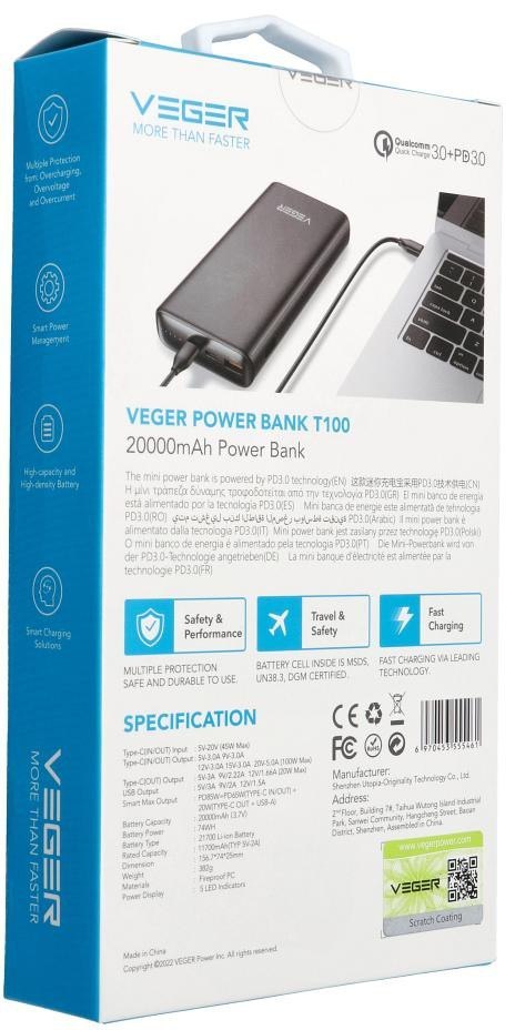 Powerbank Veger 20000 mAh 100 W PD QC 3.0 USB-A 2x USB-C czarny