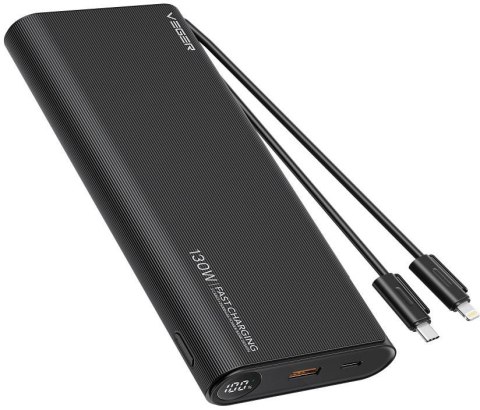 Powerbank Veger 25000 mAh 130 W PD QC 3.0 USB-A USB-C czarny z kablami USB-C i Lightning