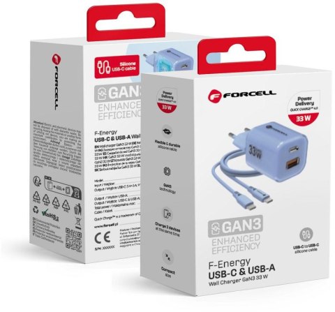 ŁADOWARKA SIECIOWA Forcell F-Energy GaN III VT-41 33 W 1x USB-C 1x USB-A PD 3.0 QC 4.0 NIEBIESKA