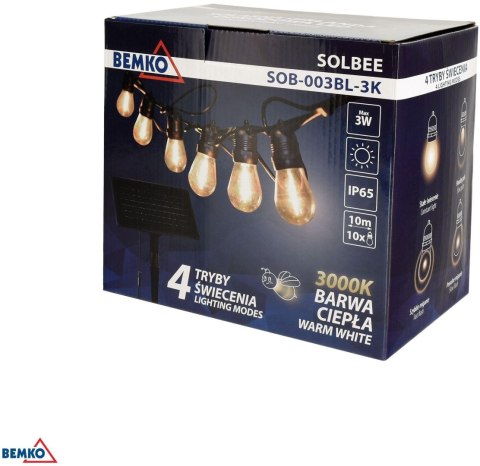 SOLARNA GIRLANDA OGRODOWA LED BRMKO SOLBEE 3W 3000K 10SZT 10M IP65 CZARNA C83-SOB-003BL-3K